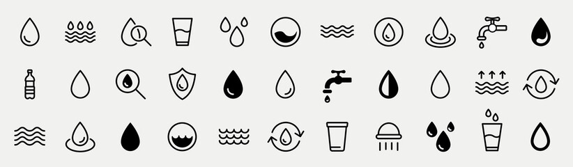 Water drops icon set. Editable vector pack of water line icons. A drop of water. Glass, magnifier, washing hands, shower. Vector illustration