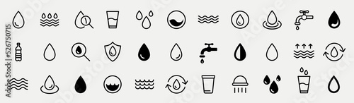 Water drops icon set. Editable vector pack of water line icons. A drop of water. Glass, magnifier, washing hands, shower. Vector illustration