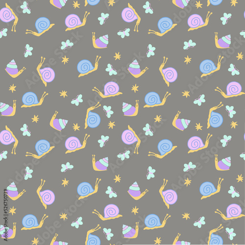 seamless pattern with snails butterflies and stars