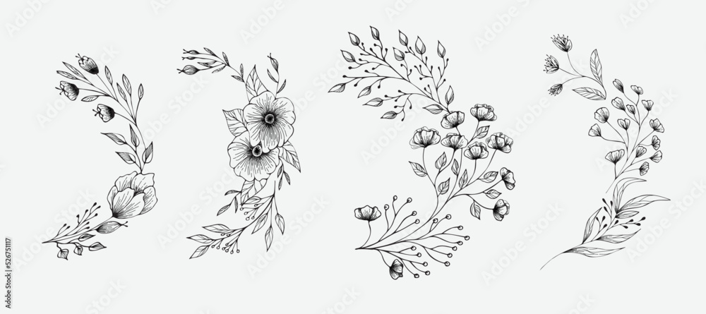 Set of floral compositions. Botanical arrangement of leaves bran