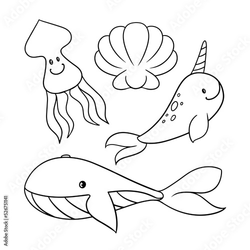 Monochrome set of icons, cute sea characters, big whale, squid and narwhal, vector cartoon