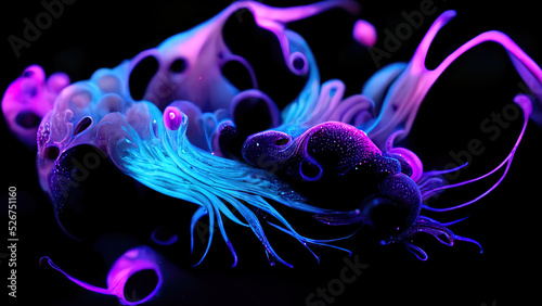 Fantastic , amazing creatures of the underwater world. Bioluminescence plankton. Beautiful background. AI.