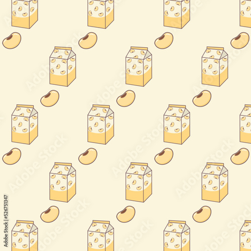 Pattern; hand drawn flat cartoon vector illustration of soy milk carton and soy bean isolated on light yellow background