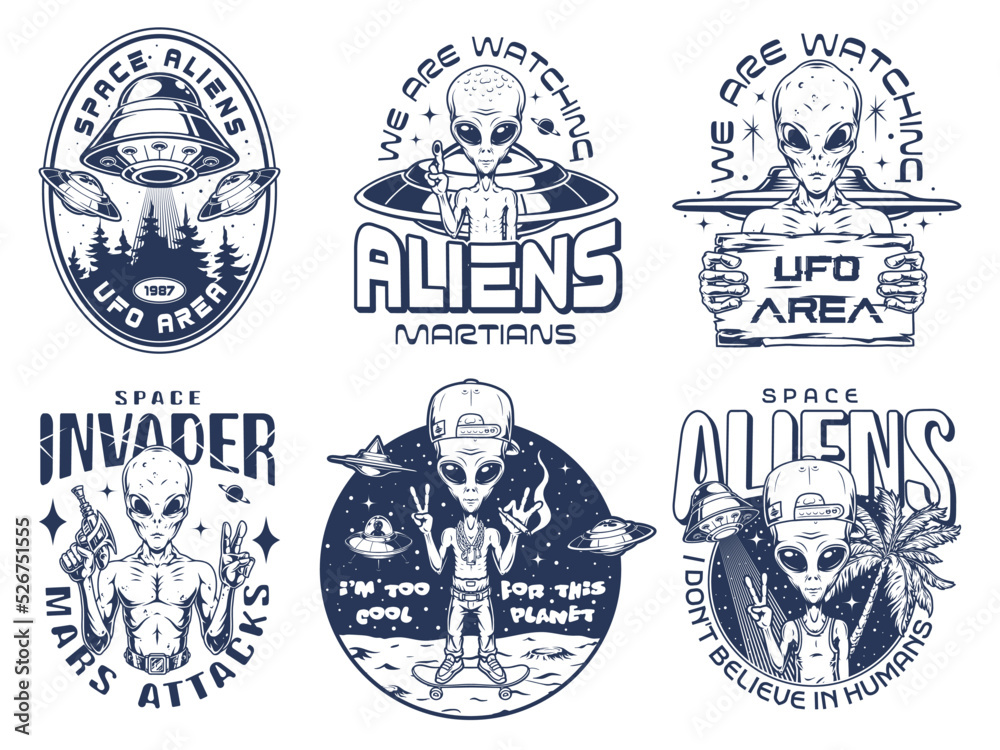 Fototapeta premium Alien UFO set monochrome logotypes