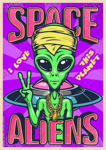 Space aliens colorful vintage poster