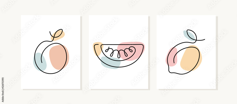Fruits continuous line posters. Orange, watermelon, lemon artistic illustrations.