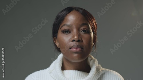 African american embarrassed woman smiling. Smile of optimistic black cute girl. Slow motion. Positive emotion. ProRes