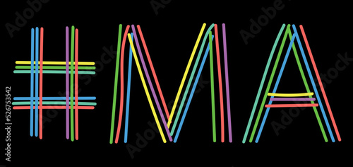 MA Hashtag. Isolate neon doodle lettering text from multi-colored curved neon lines like from a felt-tip pen, pensil. #MA is abbreviation for the US America state Massachusetts