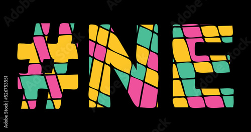 NE Hashtag. Tricolor isolated letters from contrast flowing fluid shapes. 3 colored Hashtag #NE is abbreviation for the US American state Nebraska for social network, web resources, mobile app