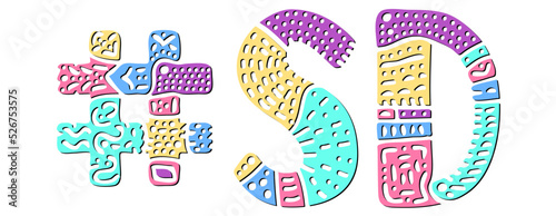 SD Hashtag. Multicolored bright isolate curves doodle letters. Hashtag #SD is abbreviation for the US American state South Dakota for social network, web resources, mobile apps.
