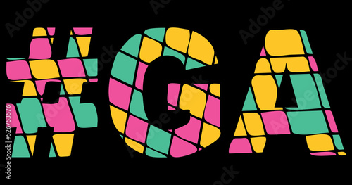 GA Hashtag. Tricolor isolated letters from contrast flowing fluid shapes. 3 colored Hashtag #GA is abbreviation for the US American state Georgia for social network, web resources, mobile app