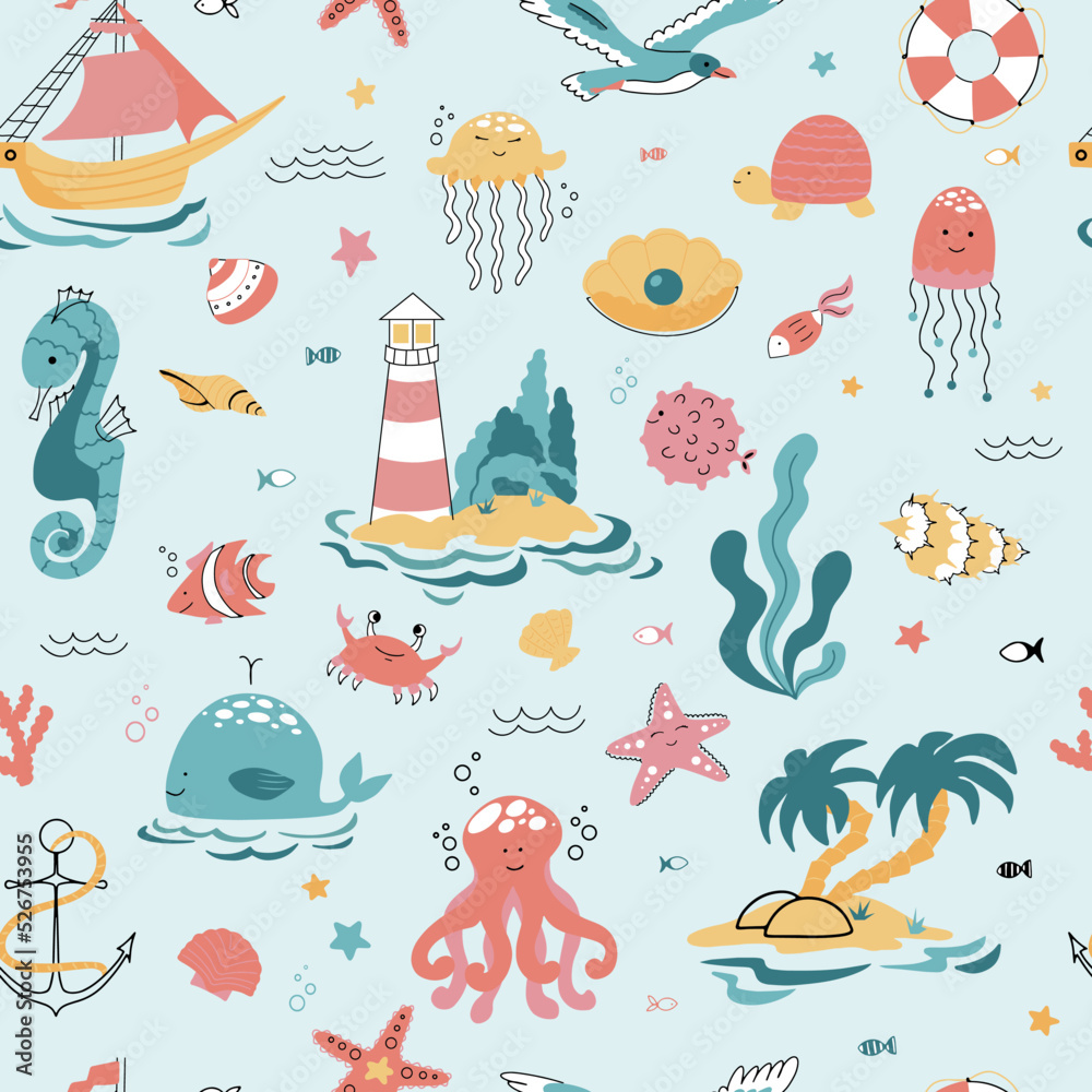 Naklejka premium Cute seamless pattern nautical theme. Ocean and sea life background for children