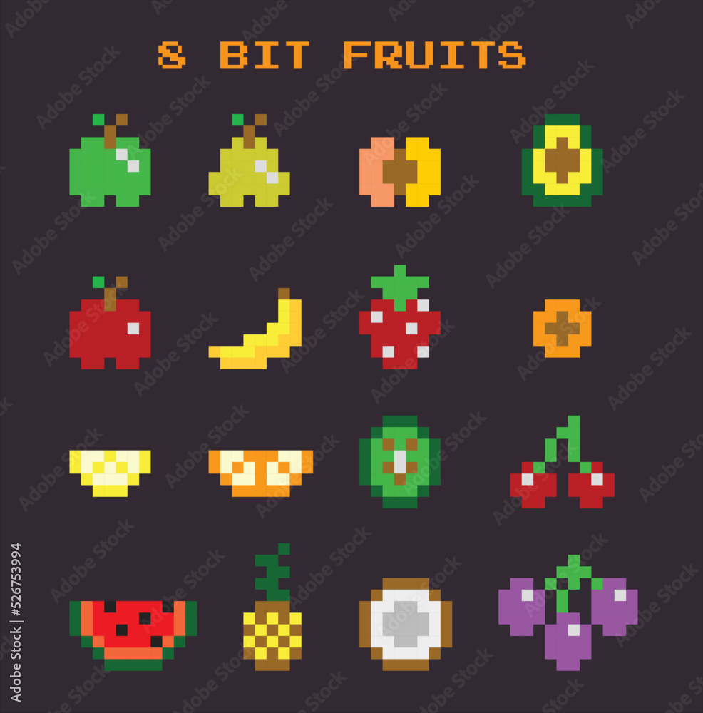 Vector fruits icons set.16 Retro, flat pixel art game assets. Apple, peach, banana, watermelon, pear, avocado, strawberry, pineapple, orange slice, coconut, grape, cherry 