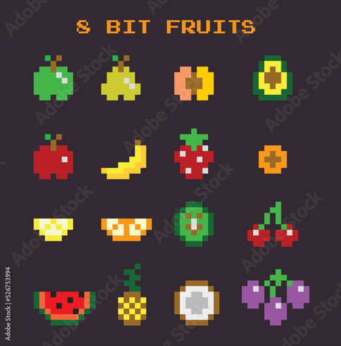 Vector fruits icons set.16 Retro, flat pixel art game assets. Apple, peach, banana, watermelon, pear, avocado, strawberry, pineapple, orange slice, coconut, grape, cherry  © valgabir