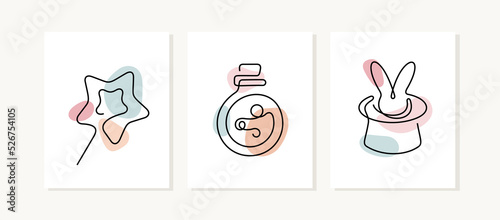 Magic tricks continuous line vector posters.