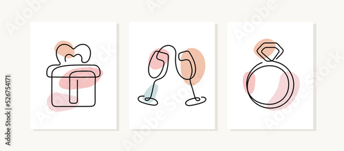 Love, engagement, wedding continuous line posters. Gift, champagne glasses, engagement ring illustrations.