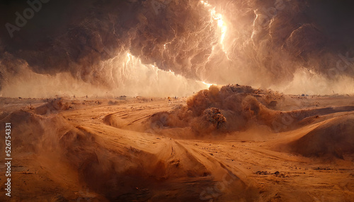 Canvastavla Desert landscape, sandstorm, sand morch, dramatic cloudy sky, unreal world, apocalypse