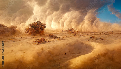 Desert landscape, sandstorm, sand morch, dramatic cloudy sky, unreal world, apocalypse. 3D illustration