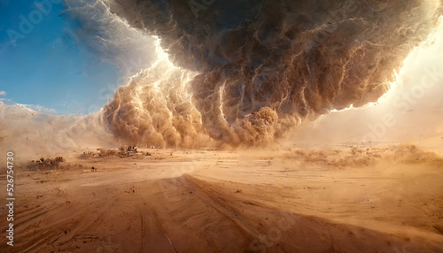 Desert landscape, sandstorm, sand morch, dramatic cloudy sky, unreal world, apocalypse. 3D illustration