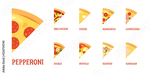 A set of pizza icons with different flavors. Illustration of different types pizza slices with names
