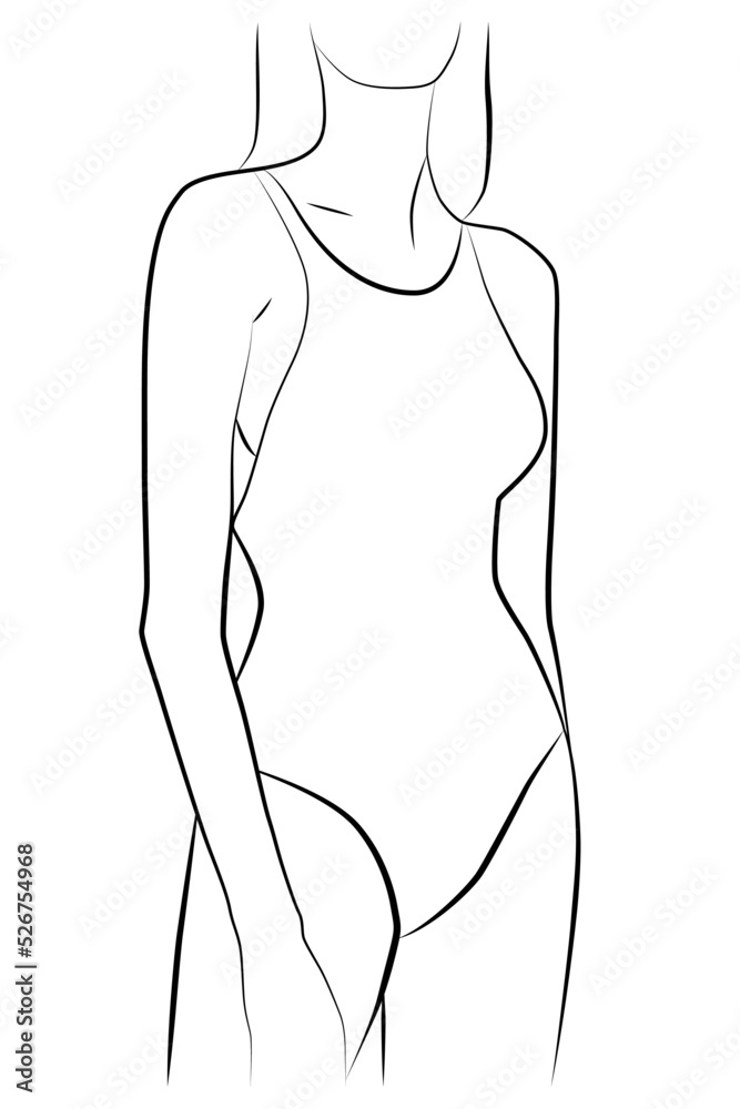 Fototapeta premium Feminine body shapes. A girl in a swimsuit of one line. Female silhouette in a modern one-line style. A design element for advertising cosmetics, posters.