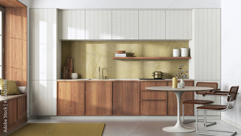 Japandi trendy wooden kitchen and dining room in white and yellow tones. Wooden cabinets, contemporary wallpaper and big window. Minimalist interior design Japandi trendy wooden kitchen and dining room in white and yellow tones. Wooden cabinets, contemporary wallpaper and big window. Minimalist interior design