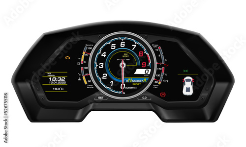 Realistic vector modern super car dashboard speed control digital technology black on white background