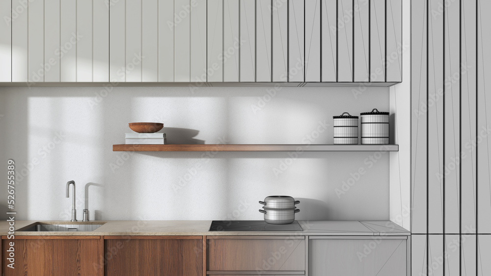Architect interior designer concept: hand-drawn draft unfinished project that becomes real, japandi wooden kitchen close up. Modern cabinets and induction hob. Minimalist Architect interior designer concept: hand-drawn draft unfinished project that becomes real, japandi wooden kitchen close up. Modern cabinets and induction hob. Minimalist