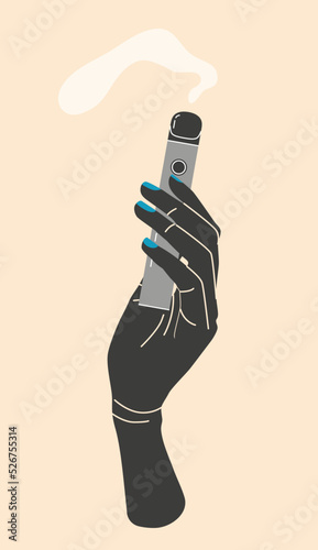 Hand holding vape, color illustration. Electronic cigarettes and vape concept. Modern vector illustration. Variety of designs vape pens and pod mods. Flat vector design for web.
