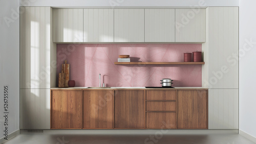 Japandi trendy wooden kitchen in white and red tones. Modern cabinets  contemporary wallpaper and concrete floor. Minimalist interior design