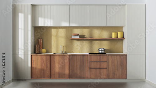 Japandi trendy wooden kitchen in white and yellow tones. Modern cabinets  contemporary wallpaper and concrete floor. Minimalist interior design