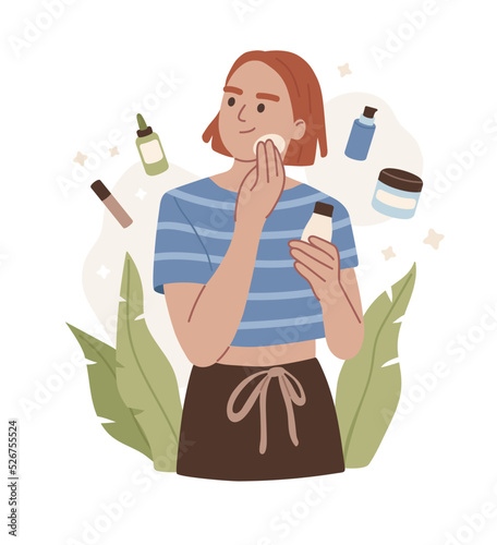 Woman removing makeup. Makeup remover. Care against aging. Moisturizing, anti-age care, cleansing. Dermatology, cosmetology. Bathroom. Skin care, gel for hydration. Beauty. Flat vector illustration.