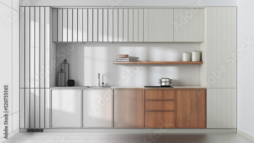 Architect interior designer concept  hand-drawn draft unfinished project that becomes real  japandi trendy wooden kitchen. Modern cabinets  contemporary wallpaper and concrete floor