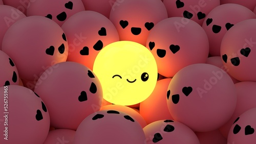 Shining ball with smiley face among many pink balls with love face. 3D rendering background