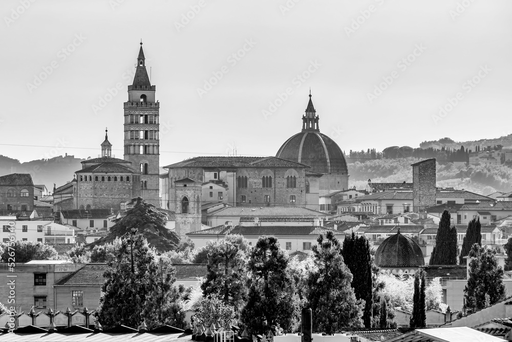 Black and white panoramic view of the skyline of the historic center of Pistoia, Italy
