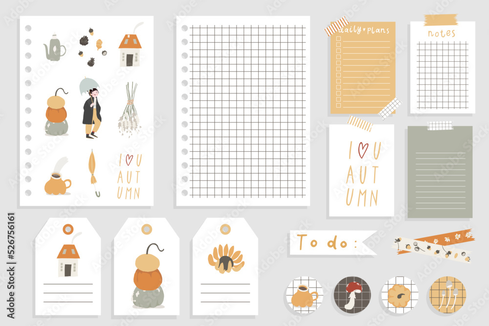 Cute Autumn and Fall Notebook design. Daily Planner Template. Organizer and Schedule with Notes and To Do List. Isolated. Trendy Concept Sticker set. Modern scheduler or organizer. Vector illustration