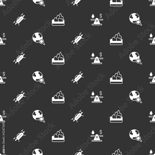Set Oil money, Magnifying glass with globe, Drone and Ore mining on seamless pattern. Vector