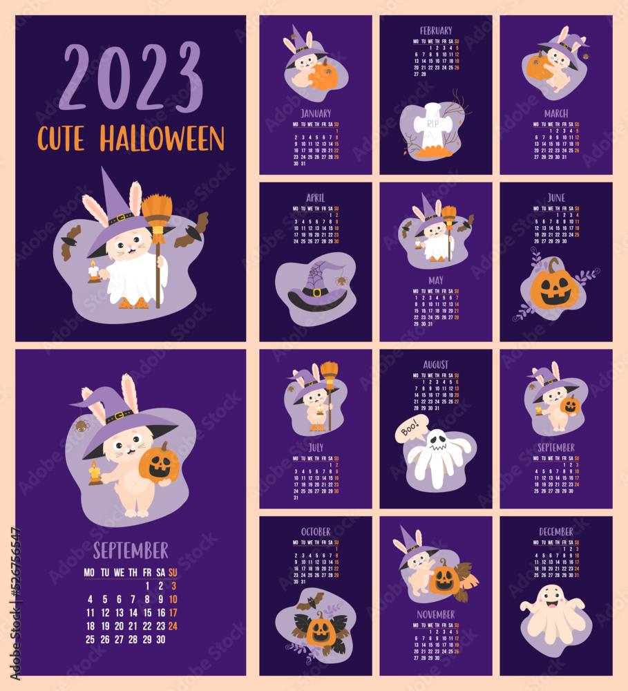 Cute Halloween calendar 2023 template. With rabbit symbol of year