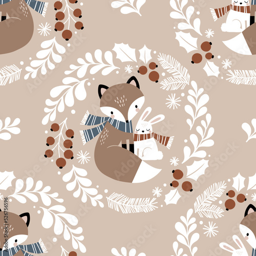 Seamless vector pattern with cute hand drawn fox and white rabbit in winter wreath. Perfect for textile, wallpaper or print design.