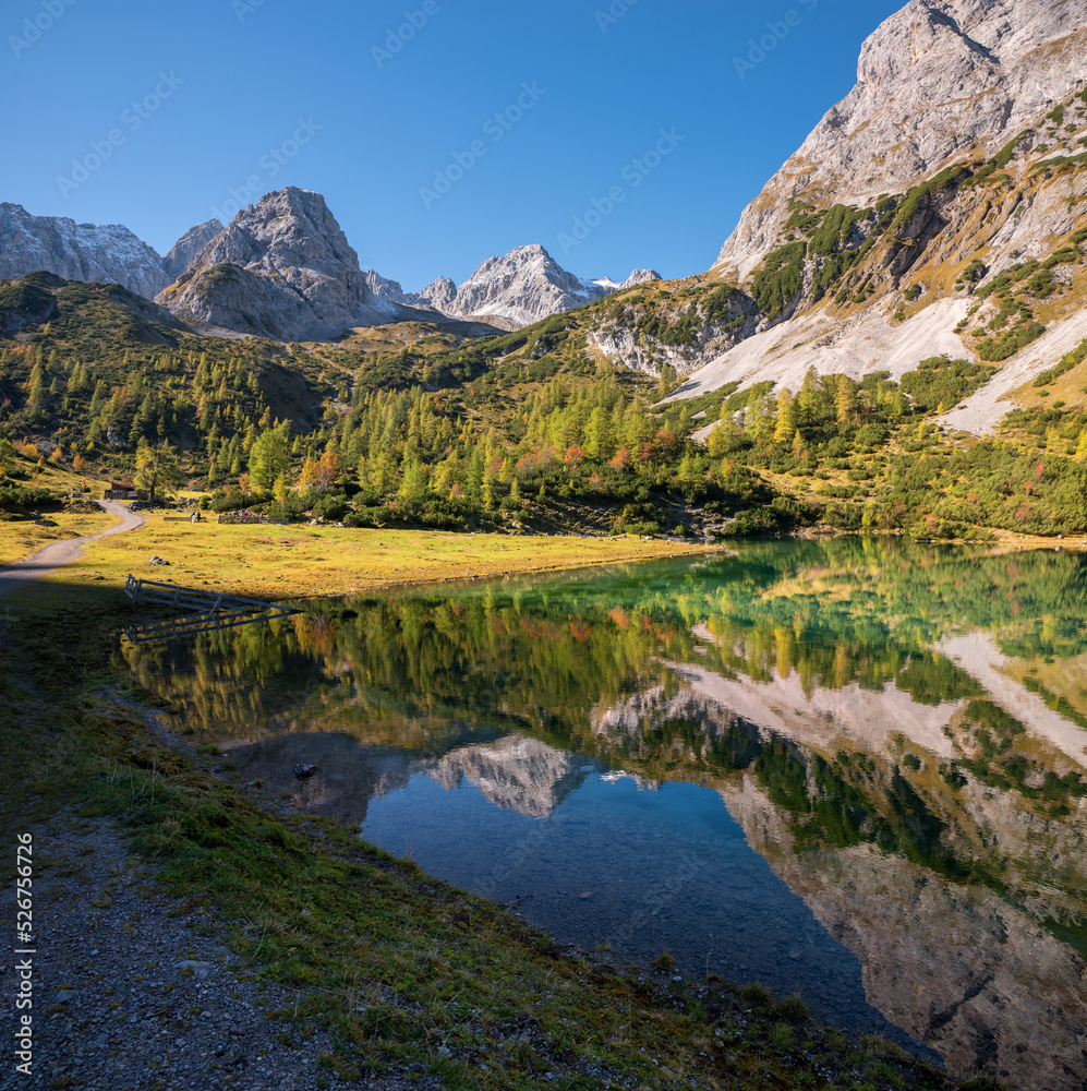 pictorial alpine landscape lake Seebensee, Mieminger alps, with water reflection
