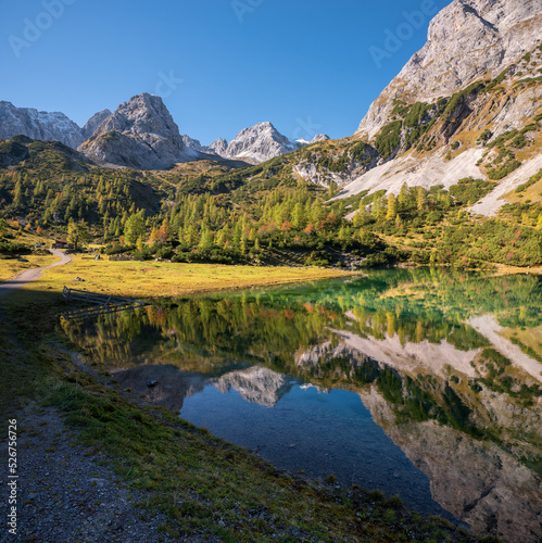 pictorial alpine landscape lake Seebensee, Mieminger alps, with water reflection