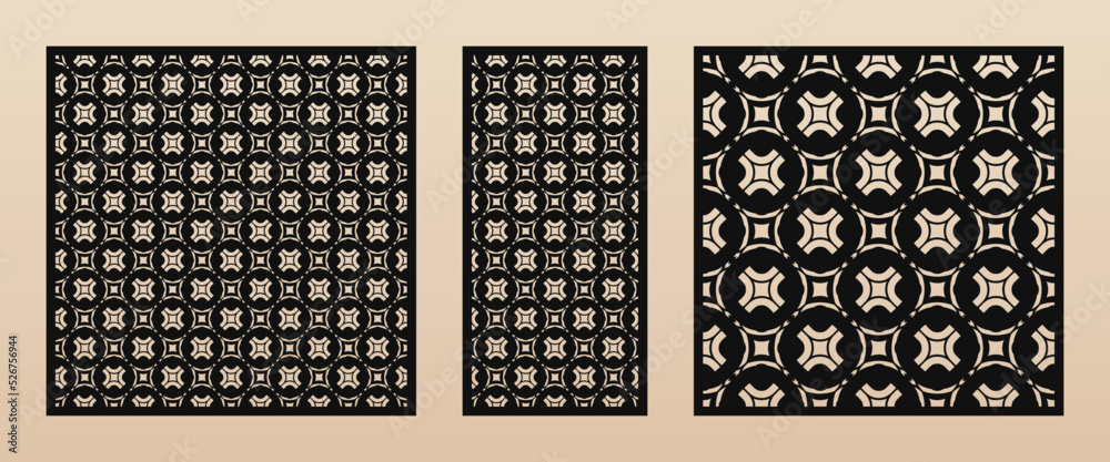 Laser cut panel design. Vector pattern with elegant grid, abstract ornaments, floral silhouettes, circles. Template for cnc cutting, decorative panels of wood, metal, paper. Aspect ratio 1:2, 1:1