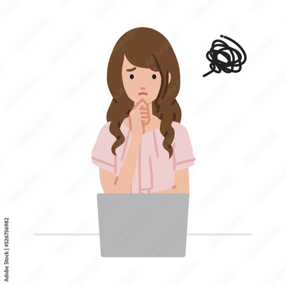 デスクで座ってPCを開いて困っているオフィスカジュアルの女性