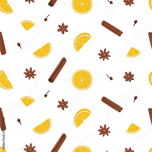 Seamless pattern of orange cinnamon anise and clove. Vector illustration of ingredients for mulled wine, winter spices background.