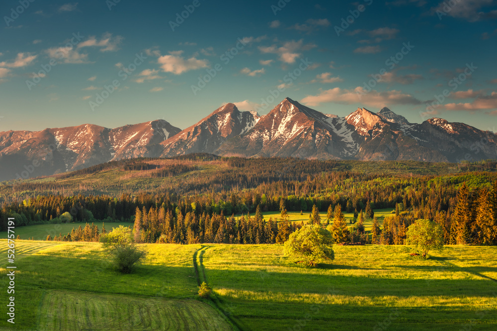 Naklejka premium Spring view of the Tatra Mountains in Poland from Spisz and Podhale. Beautiful views from one of the most beautiful places in Małopolska.