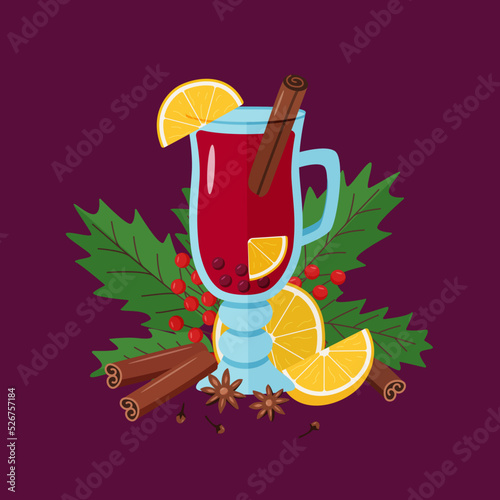 Mulled wine in a glass with orange slices, cinnamon cloves and anise. Christmas hot drink, viburnum branches with berries. Vector illustration cartoon style.