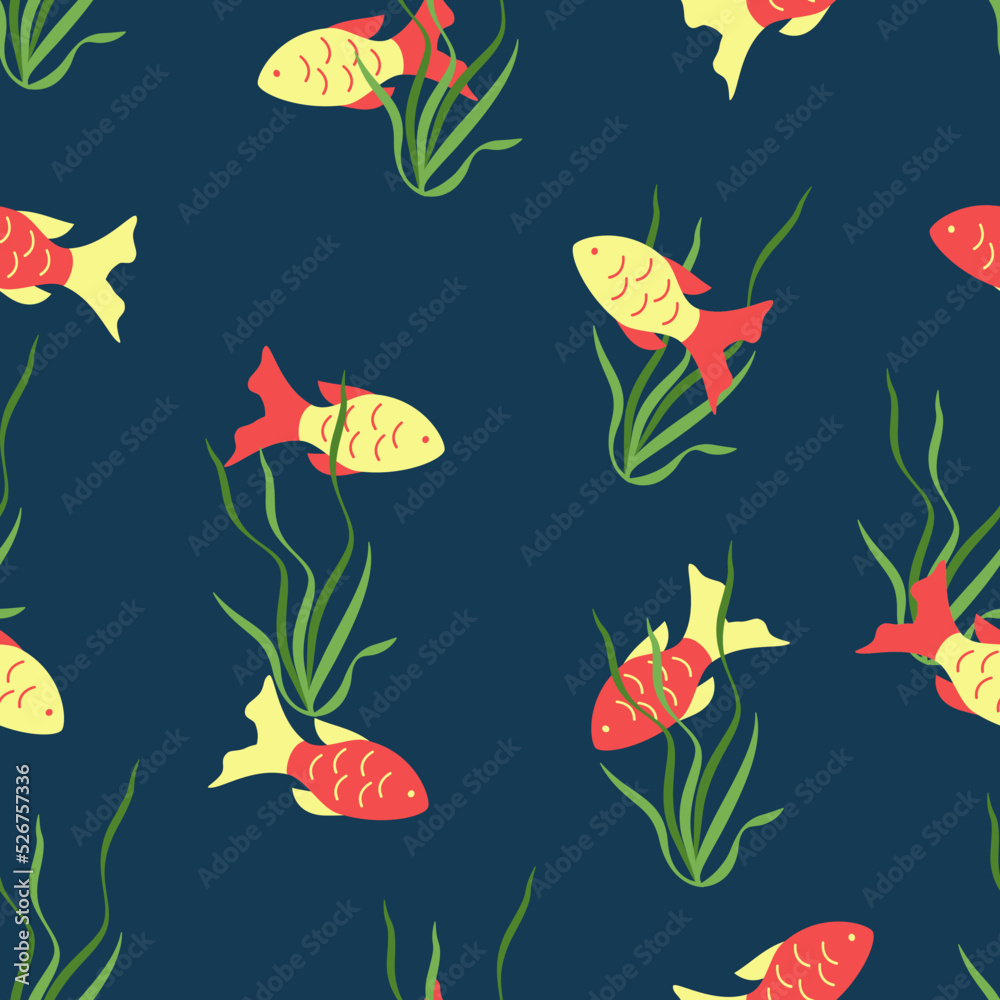 Seamless pattern of red and gold fish swimming in blue water and green algae. Vector illustration Wallpaper.