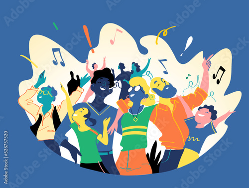 A group of happy smiling people celebrates a special event. A family enjoys concert, music festival, party, show, performance, recital. Vector illustration