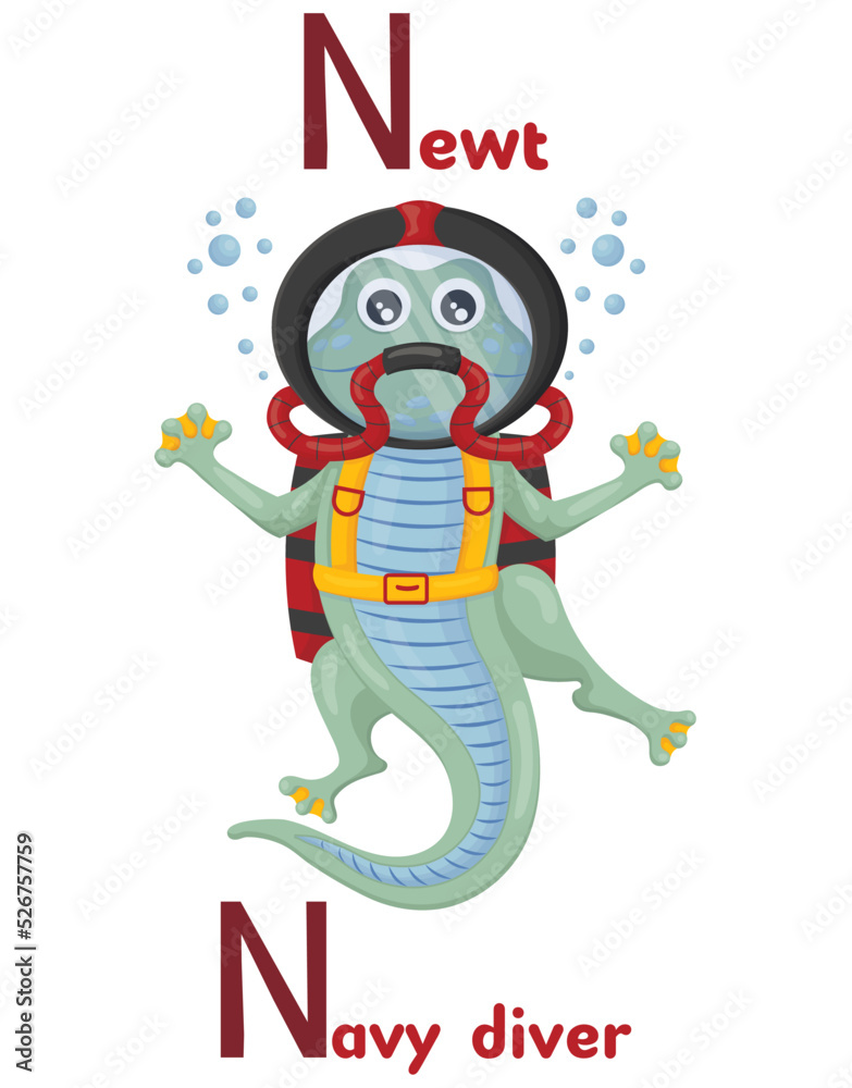 Latin alphabet ABC animal professions starting with letter n newt navy diver in cartoon style. Latin alphabet ABC animal professions starting with letter n newt navy diver in cartoon style.