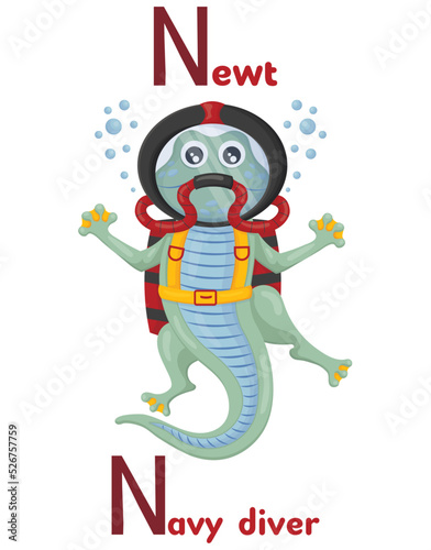 Latin alphabet ABC animal professions starting with letter n newt navy diver in cartoon style.